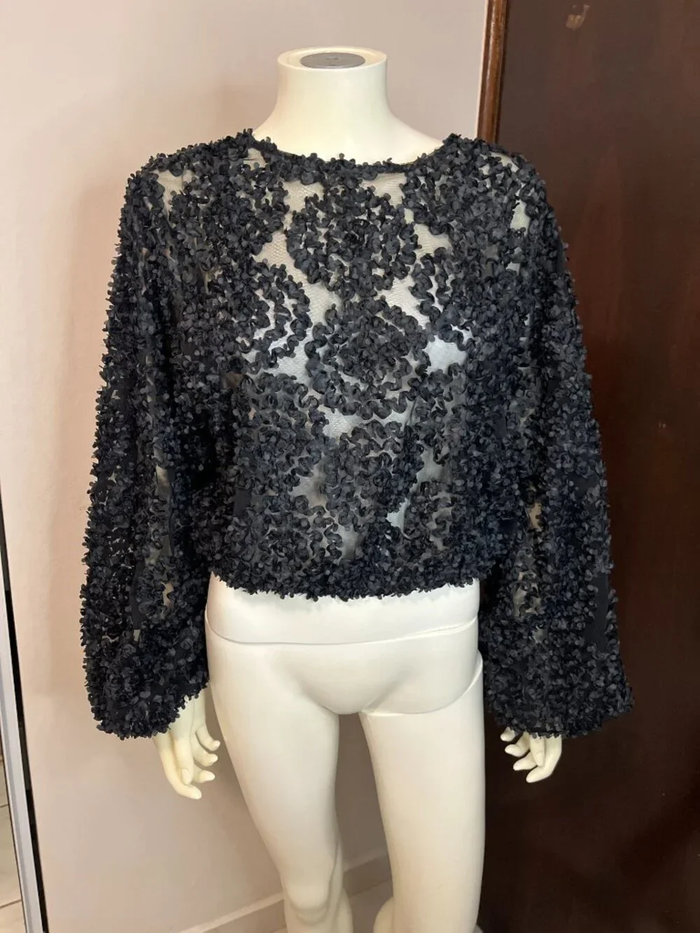 Zara Black 3D Floral Applique Sheer Mesh Top Long Wide Sleeve Large
